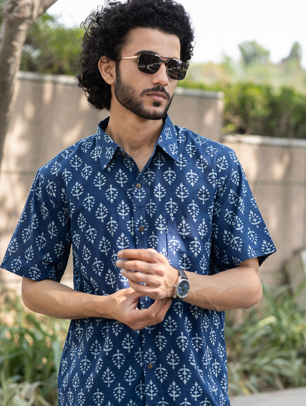 Dabu Hand Block Printed Cotton Shirt - Indigo Ornate 