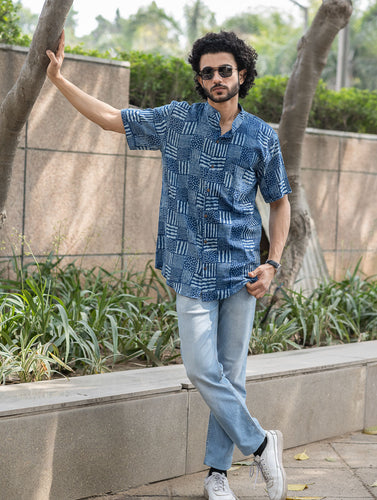 Dabu Hand Block Printed Cotton Shirt - Indigo Stripes