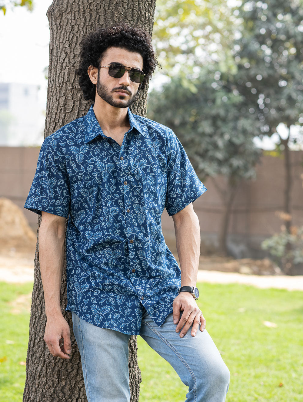 Dabu Hand Block Printed Cotton Shirt - Indigo Vines