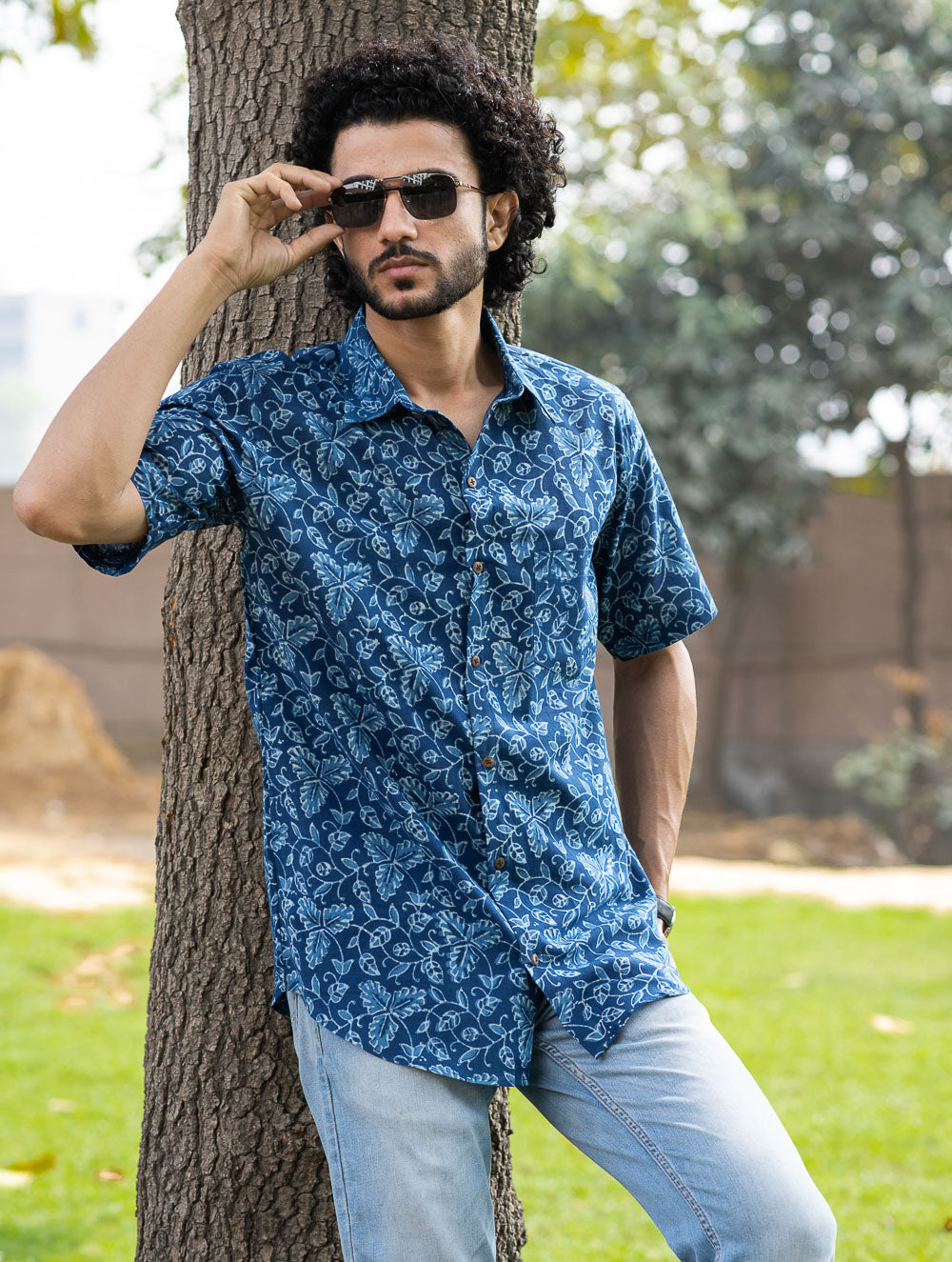 Dabu Hand Block Printed Cotton Shirt - Indigo Vines