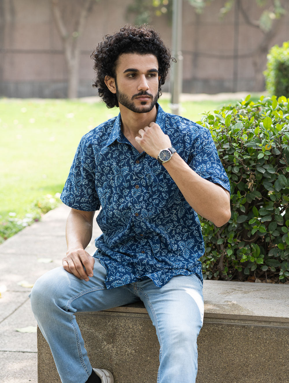 Dabu Hand Block Printed Cotton Shirt - Indigo Vines