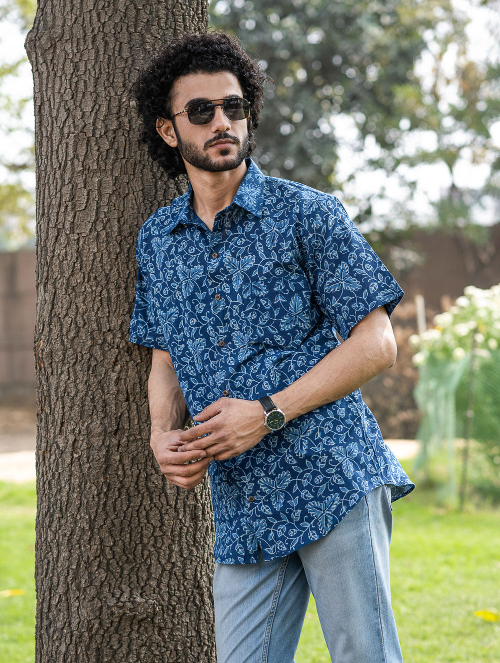 Dabu Hand Block Printed Cotton Shirt - Indigo Vines