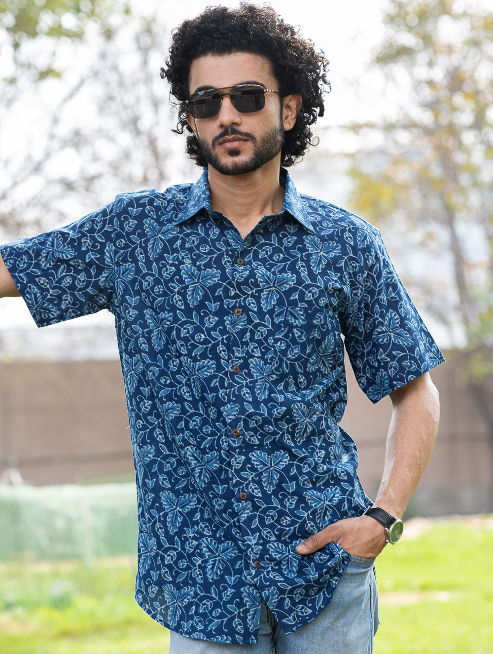 Dabu Hand Block Printed Cotton Shirt - Indigo Vines