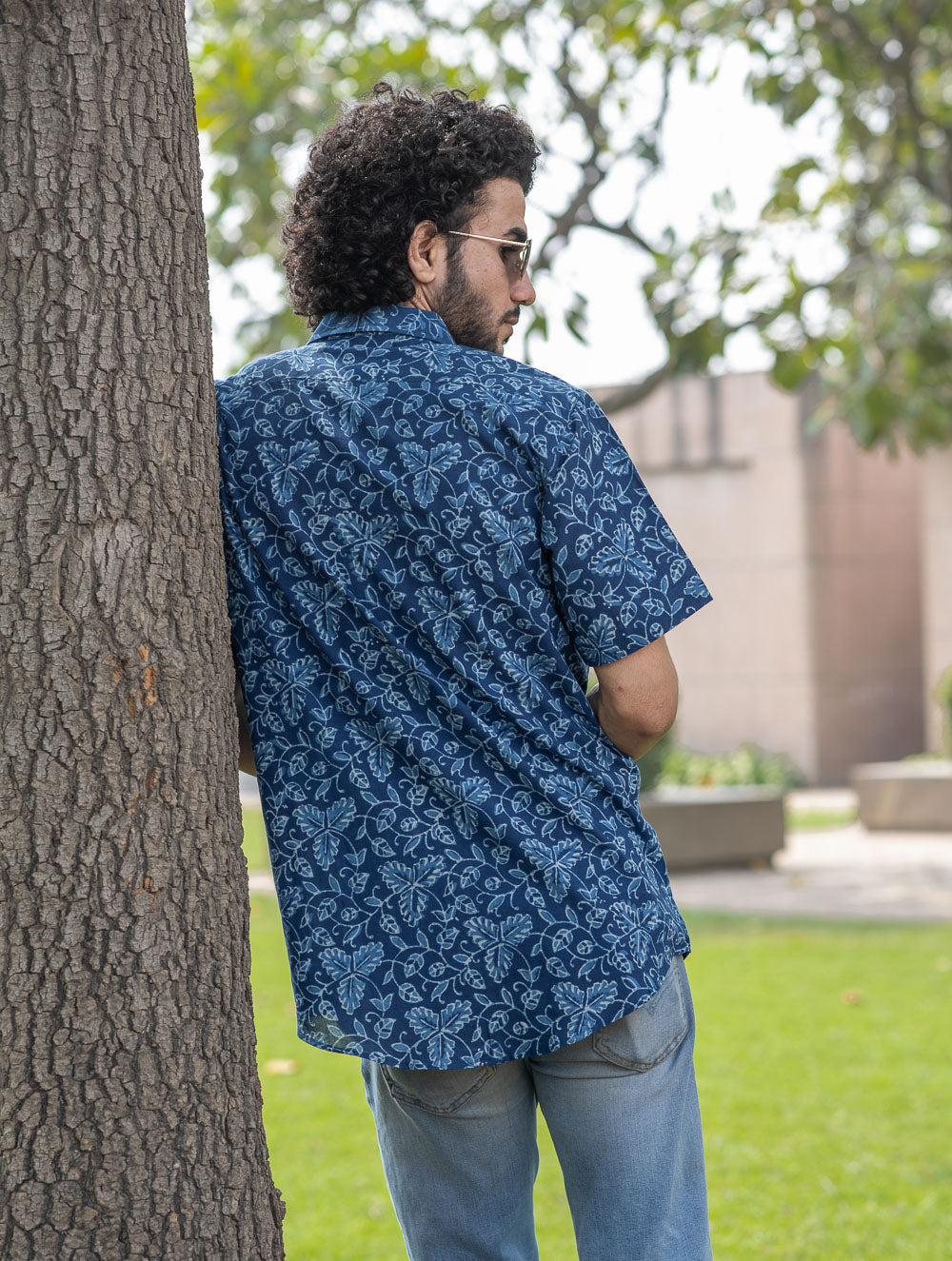 Dabu Hand Block Printed Cotton Shirt - Indigo Vines