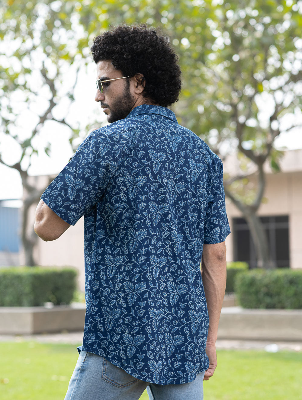 Dabu Hand Block Printed Cotton Shirt - Indigo Vines