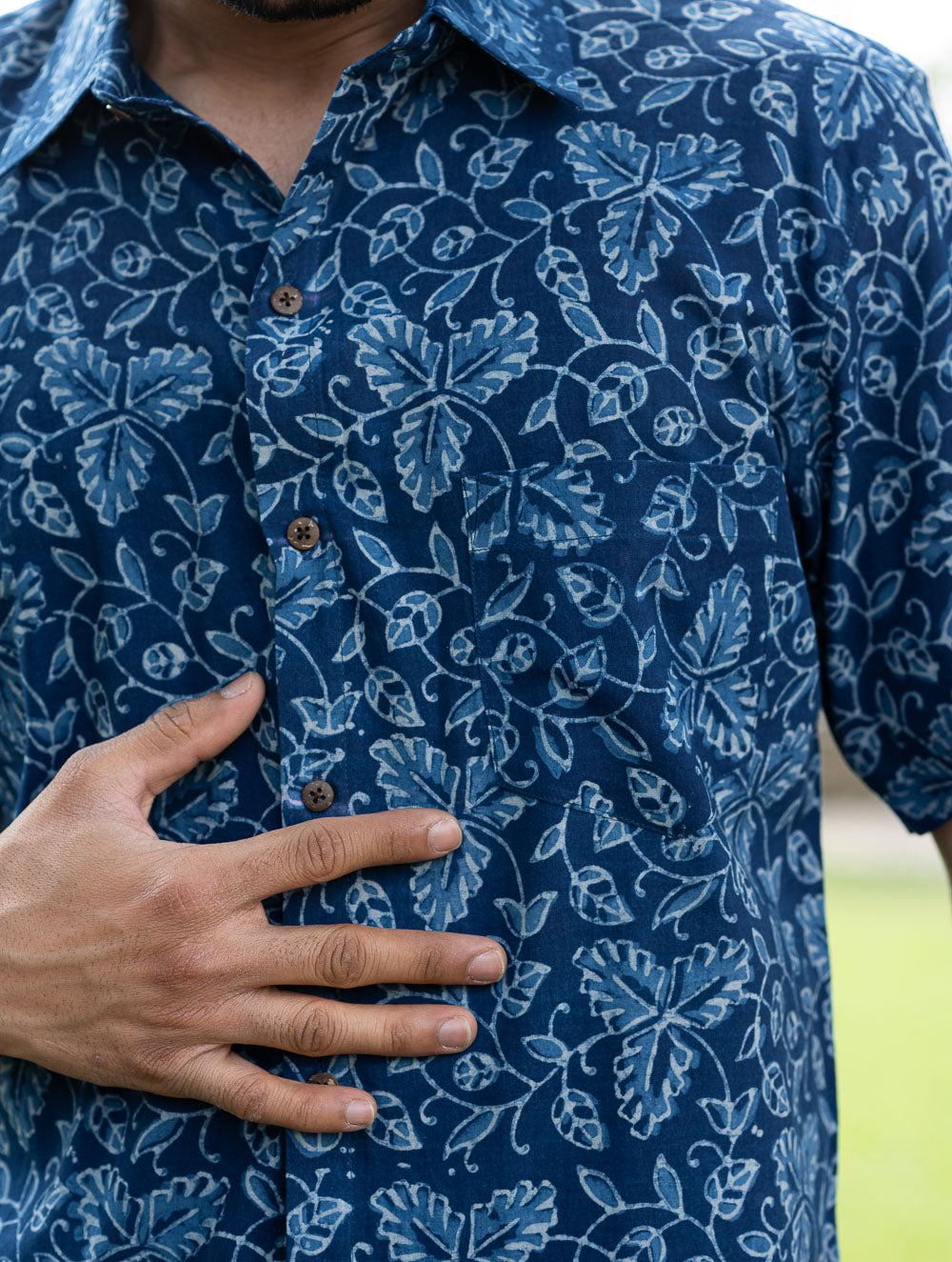 Dabu Hand Block Printed Cotton Shirt - Indigo Vines