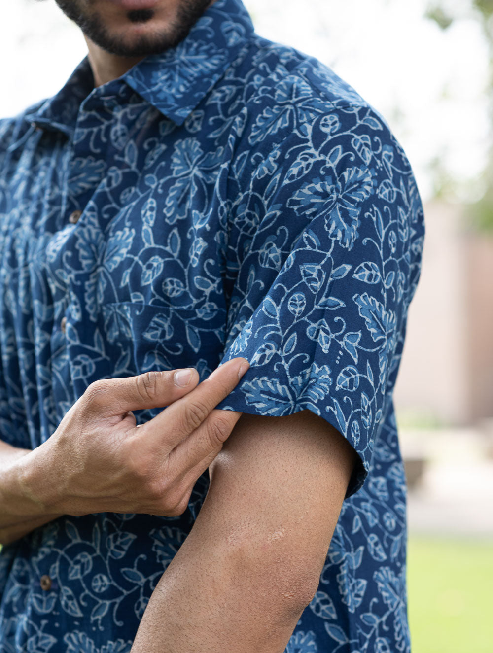 Dabu Hand Block Printed Cotton Shirt - Indigo Vines