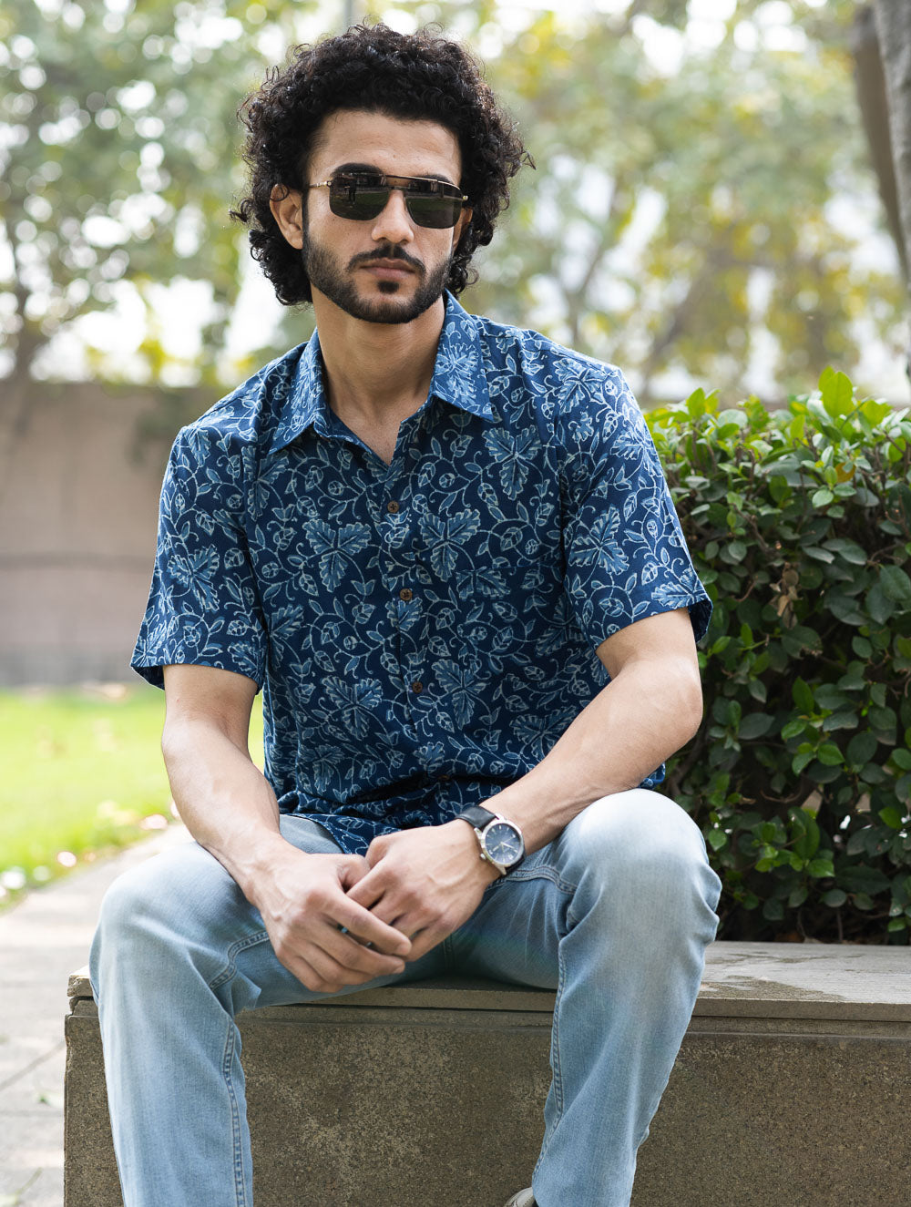 Dabu Hand Block Printed Cotton Shirt - Indigo Vines