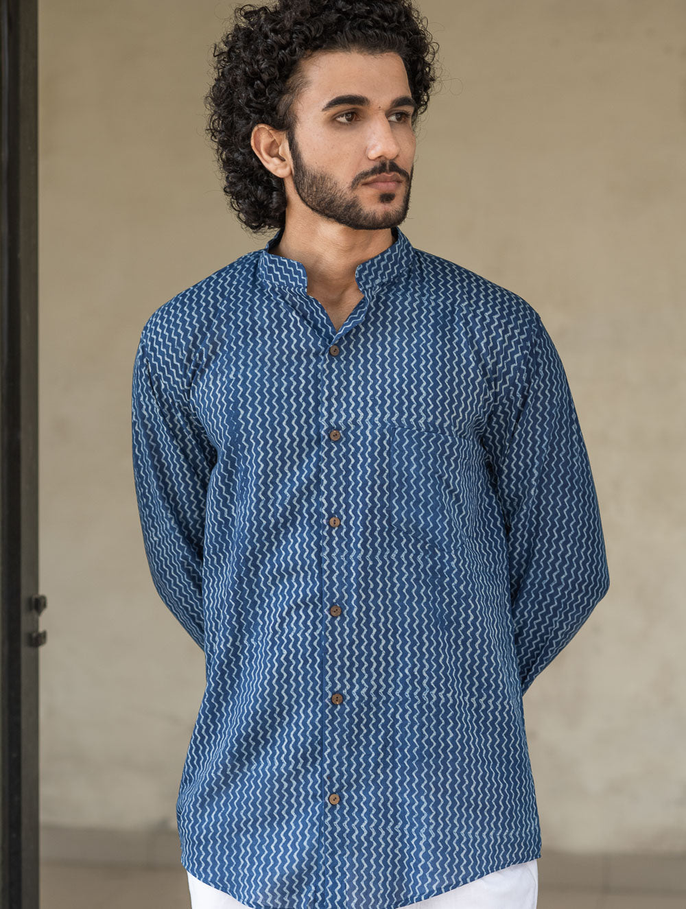 Dabu Hand Block Printed Cotton Shirt - Indigo Zigzags