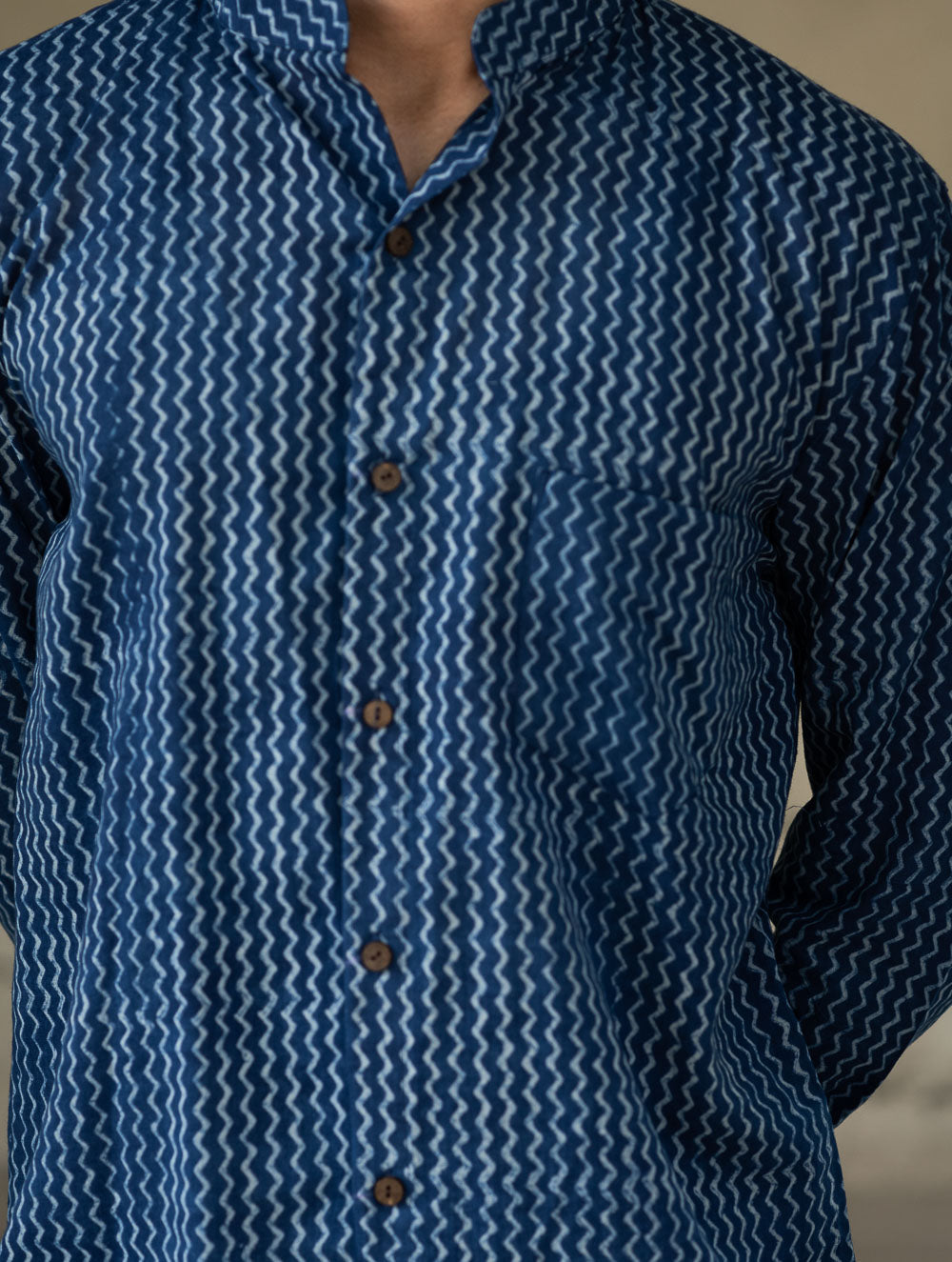 Dabu Hand Block Printed Cotton Shirt - Indigo Zigzags