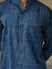Dabu Hand Block Printed Cotton Shirt - Indigo Zigzags