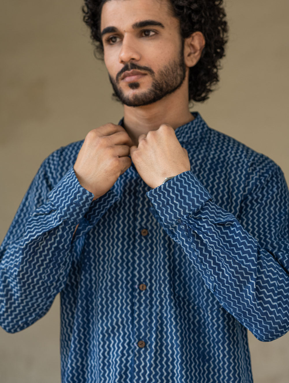 Dabu Hand Block Printed Cotton Shirt - Indigo Zigzags