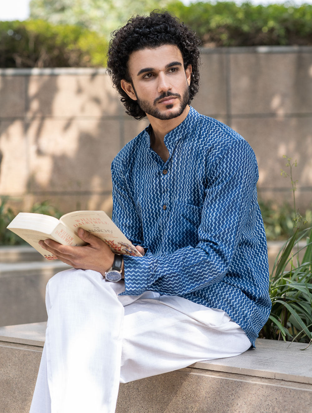 Dabu Hand Block Printed Cotton Shirt - Indigo Zigzags