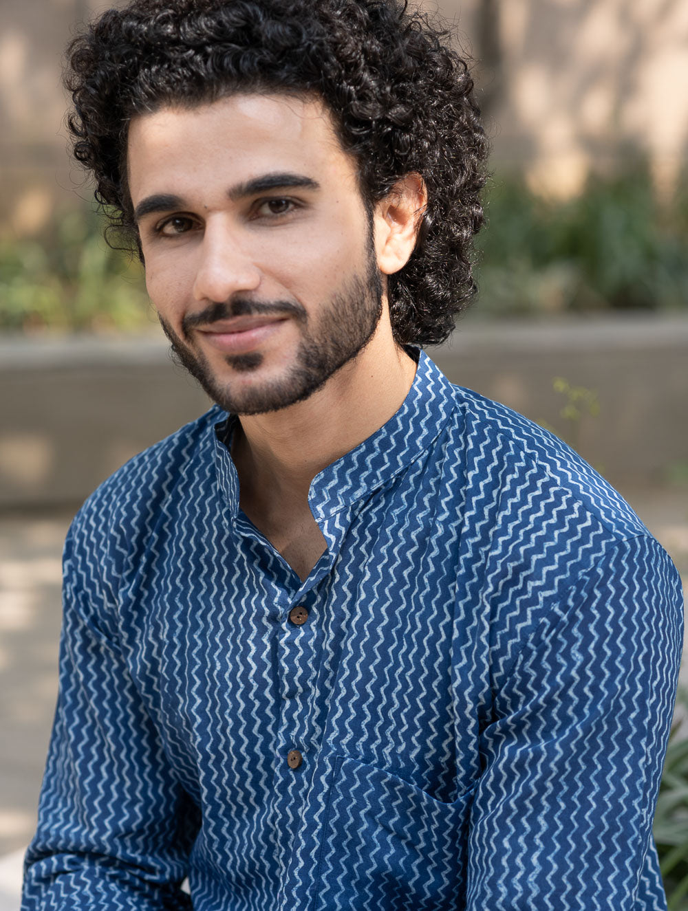 Dabu Hand Block Printed Cotton Shirt - Indigo Zigzags