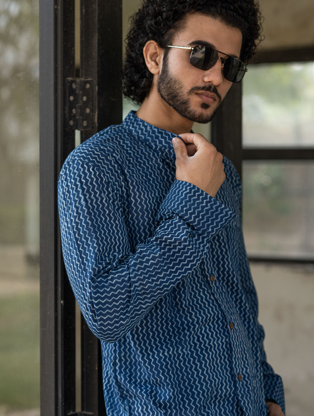Dabu Hand Block Printed Cotton Shirt - Indigo Zigzags