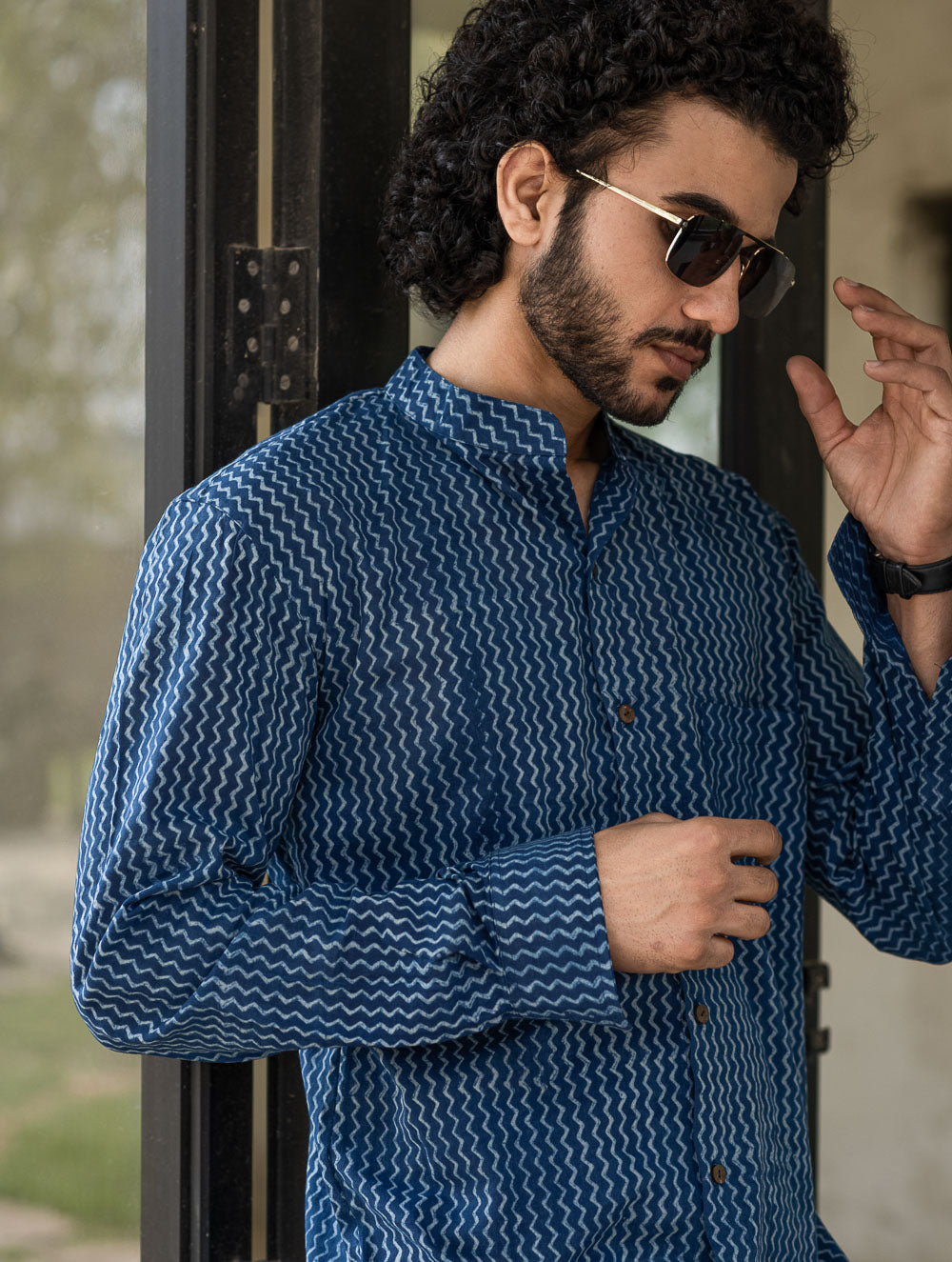Dabu Hand Block Printed Cotton Shirt - Indigo Zigzags
