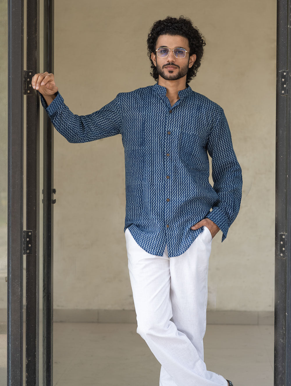 Dabu Hand Block Printed Cotton Shirt - Indigo Zigzags
