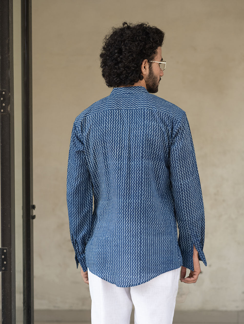 Dabu Hand Block Printed Cotton Shirt - Indigo Zigzags