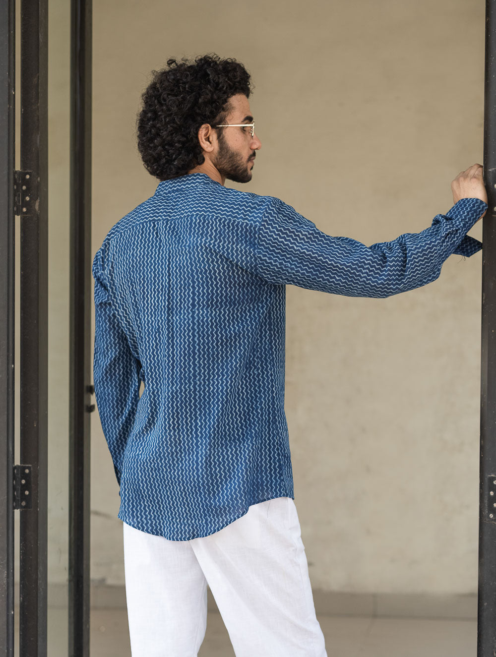 Dabu Hand Block Printed Cotton Shirt - Indigo Zigzags