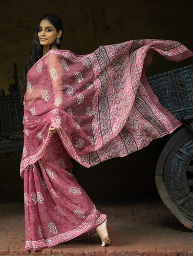 Dabu Hand Block Printed Kota Doria Saree - Deep Rose Flora