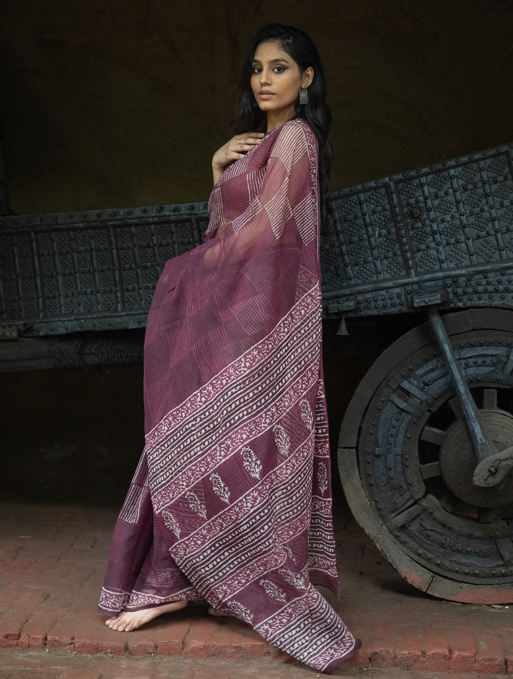 Dabu Hand Block Printed Kota Doria Saree - Maroon Geometric