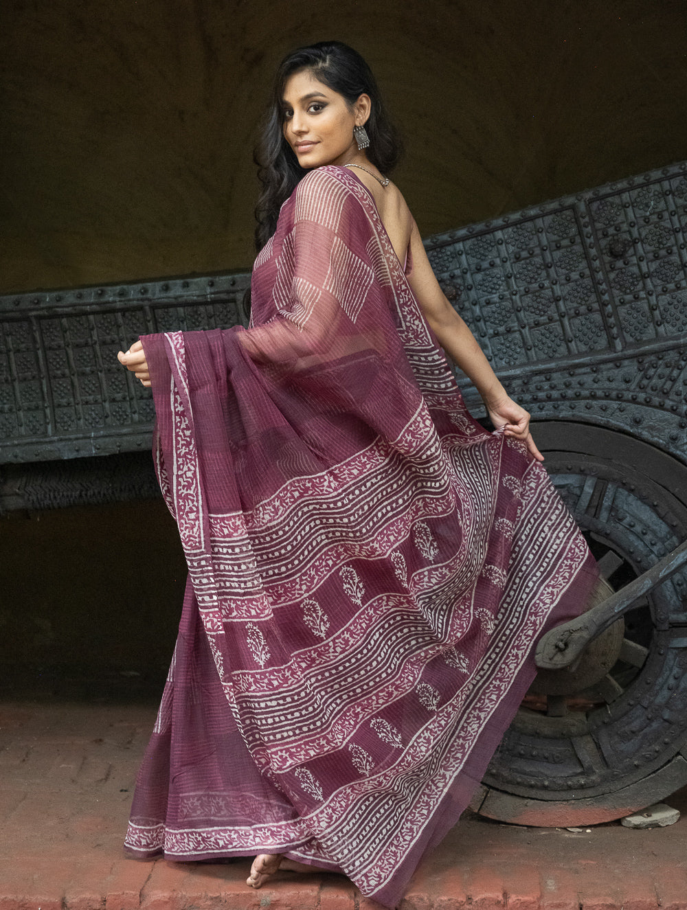 Dabu Hand Block Printed Kota Doria Saree - Maroon Geometric