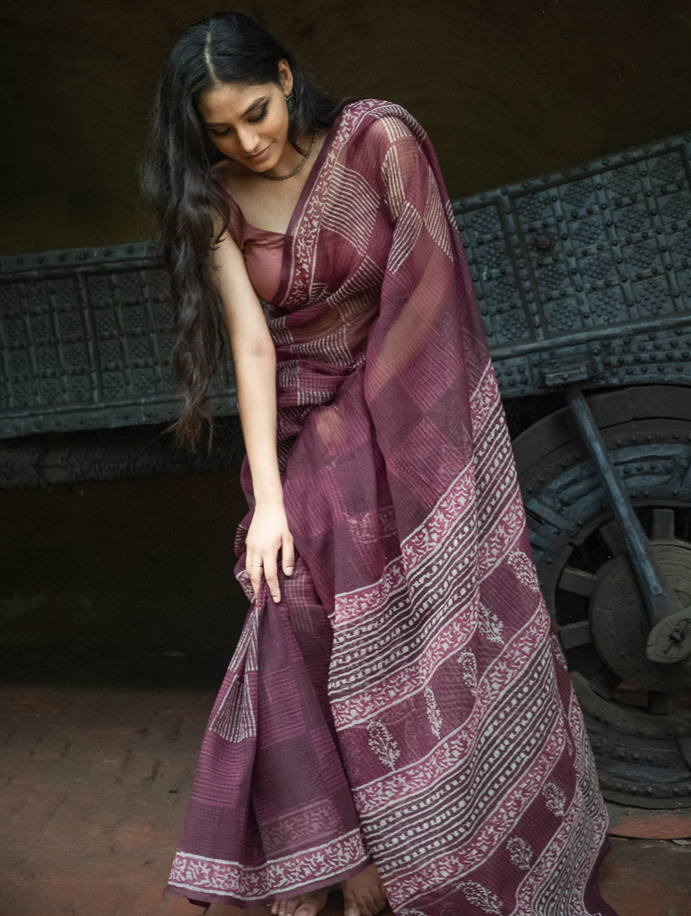 Dabu Hand Block Printed Kota Doria Saree - Maroon Geometric