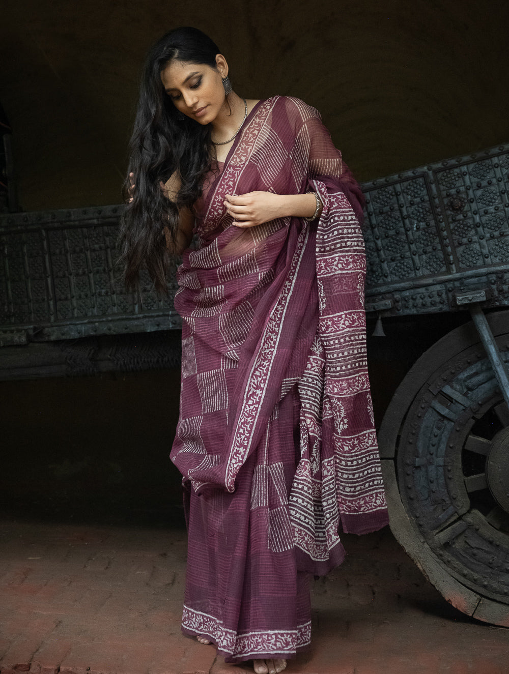 Dabu Hand Block Printed Kota Doria Saree - Maroon Geometric