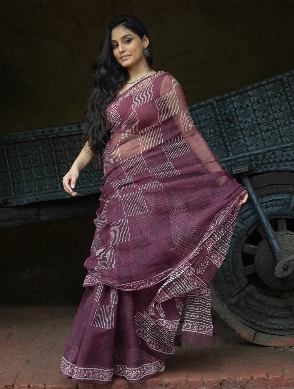 Dabu Hand Block Printed Kota Doria Saree - Maroon Geometric