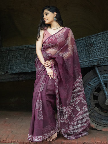 Dabu Hand Block Printed Kota Doria Saree - Maroon Geometric
