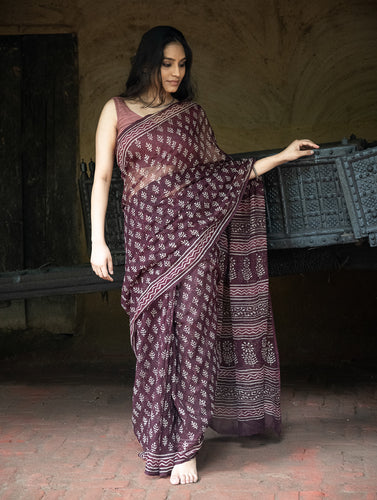 Dabu Hand Block Printed Kota Doria Saree - Maroon Ornate Flora