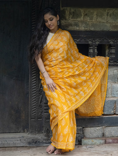 Dabu Hand Block Printed Kota Doria Saree - Yellow Flora