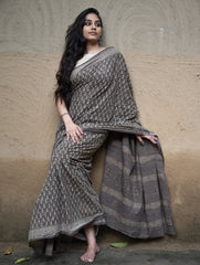 Dabu Hand Block Printed Mul Cotton Saree - Brown Florets