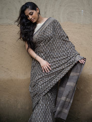 Dabu Hand Block Printed Mul Cotton Saree - Brown Florets
