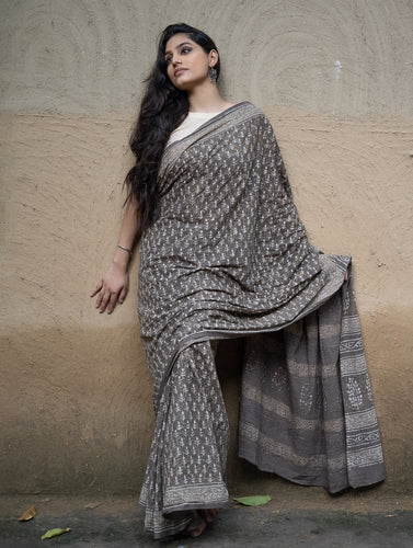 Dabu Hand Block Printed Mul Cotton Saree - Brown Florets