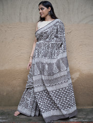 Dabu Hand Block Printed Mul Cotton Saree - Grey Flora