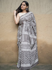 Dabu Hand Block Printed Mul Cotton Saree - Grey Flora