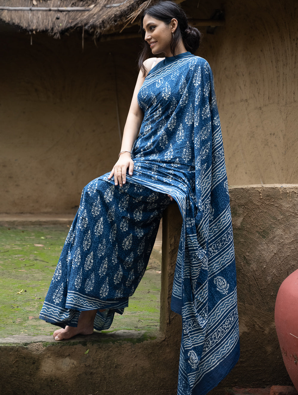 Dabu Hand Block Printed Mul Cotton Saree - Indigo Flora