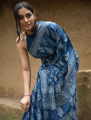 Dabu Hand Block Printed Mul Cotton Saree - Indigo Flora