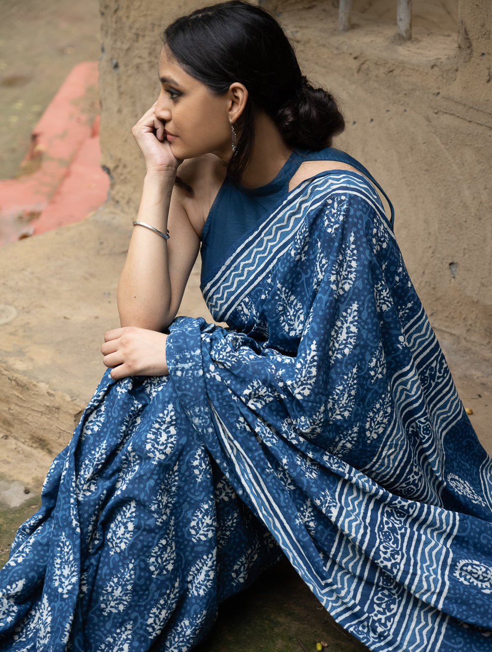 Dabu Hand Block Printed Mul Cotton Saree - Indigo Flora