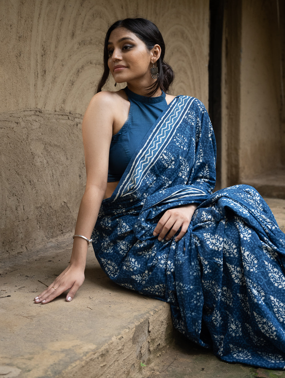 Dabu Hand Block Printed Mul Cotton Saree - Indigo Flora