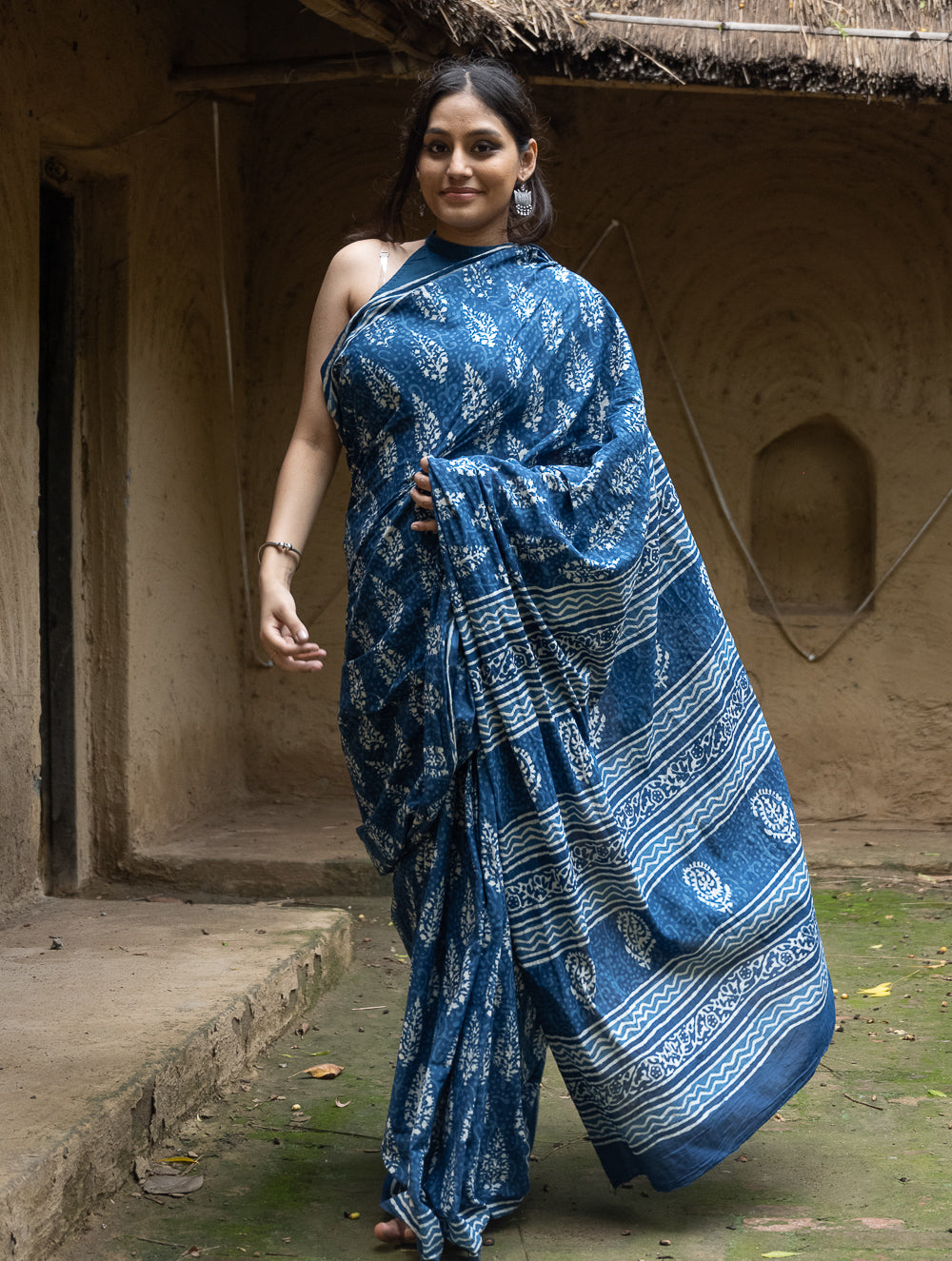 Dabu Hand Block Printed Mul Cotton Saree - Indigo Flora