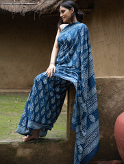 Dabu Hand Block Printed Mul Cotton Saree - Indigo Flora