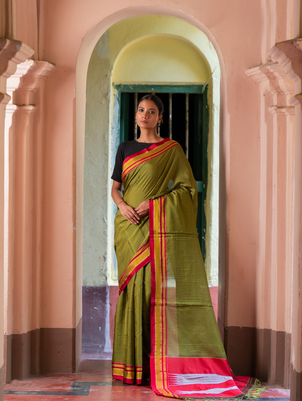 Load image into Gallery viewer, Deccan Elegance. Maharashtrian Small Checks Lugadi Saree - HaldiPatta