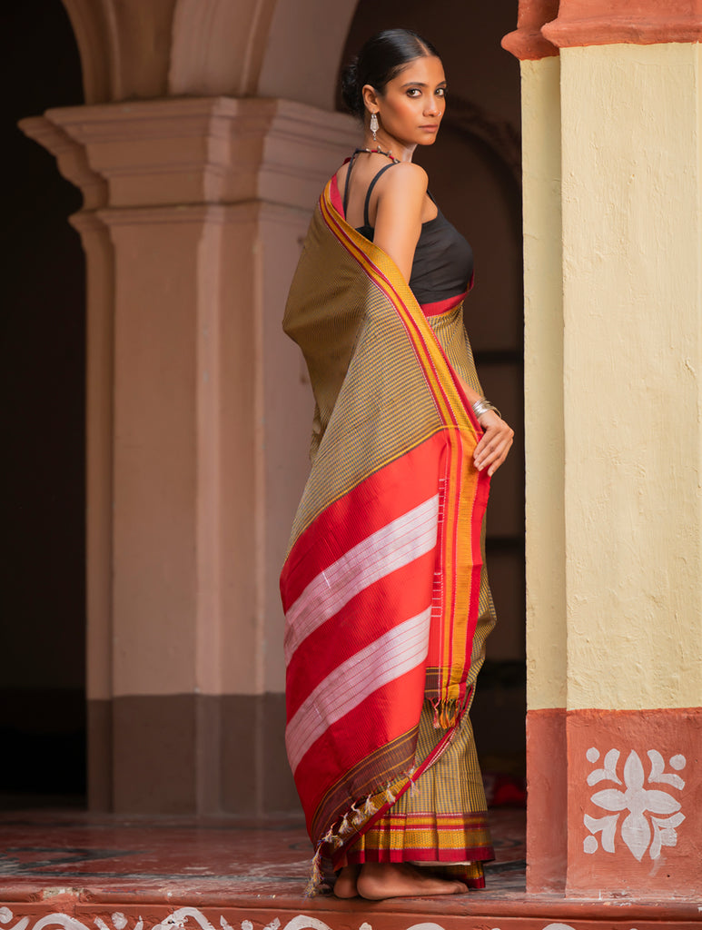 Deccan Elegance. Maharashtrian Small Checks Lugadi Saree - Kesar Katha