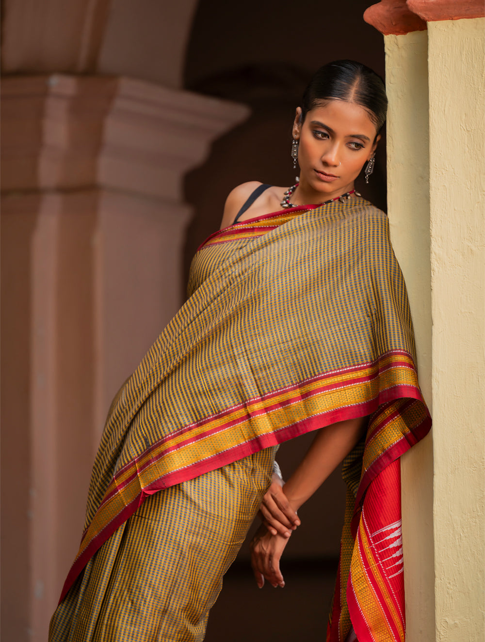 Load image into Gallery viewer, Deccan Elegance. Maharashtrian Small Checks Lugadi Saree - Kesar Katha