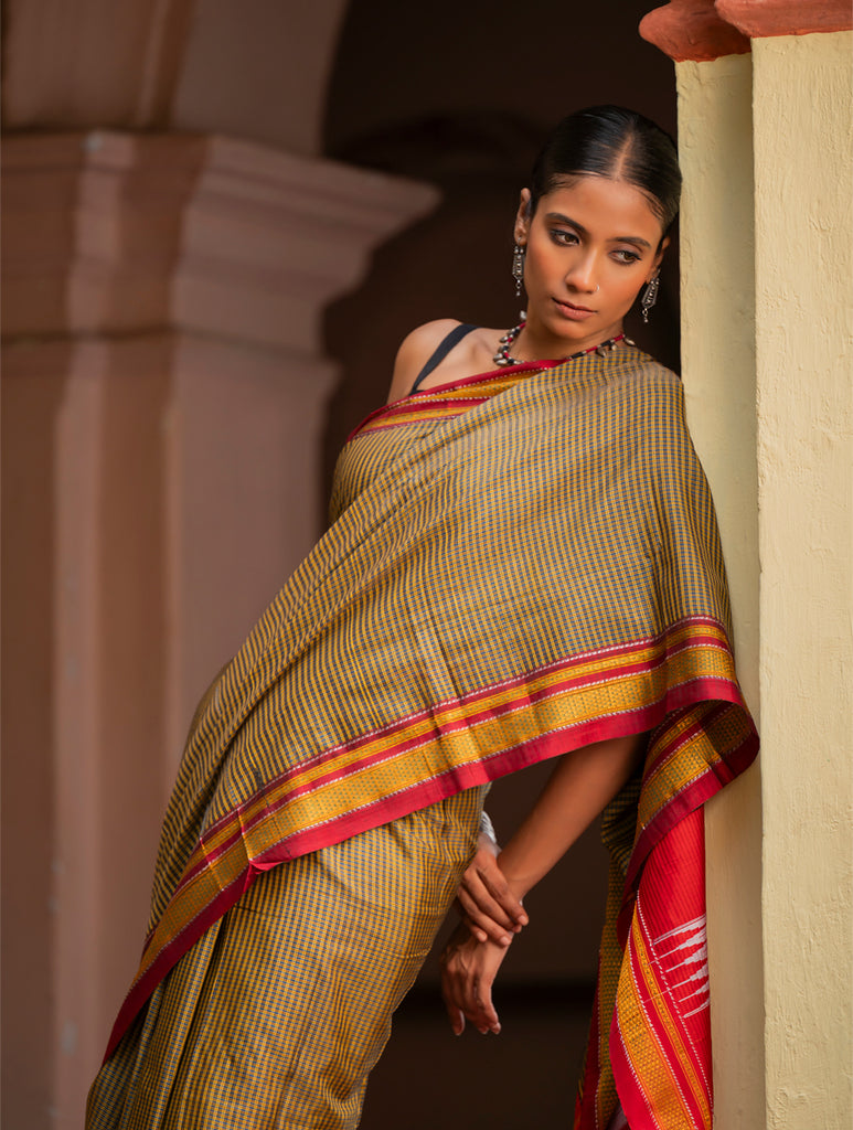 Deccan Elegance. Maharashtrian Small Checks Lugadi Saree - Kesar Katha
