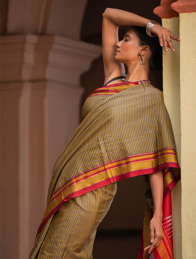 Deccan Elegance. Maharashtrian Small Checks Lugadi Saree - Kesar Katha