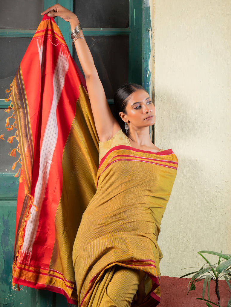 Deccan Elegance. Maharashtrian Small Checks Lugadi Saree - Suvarna