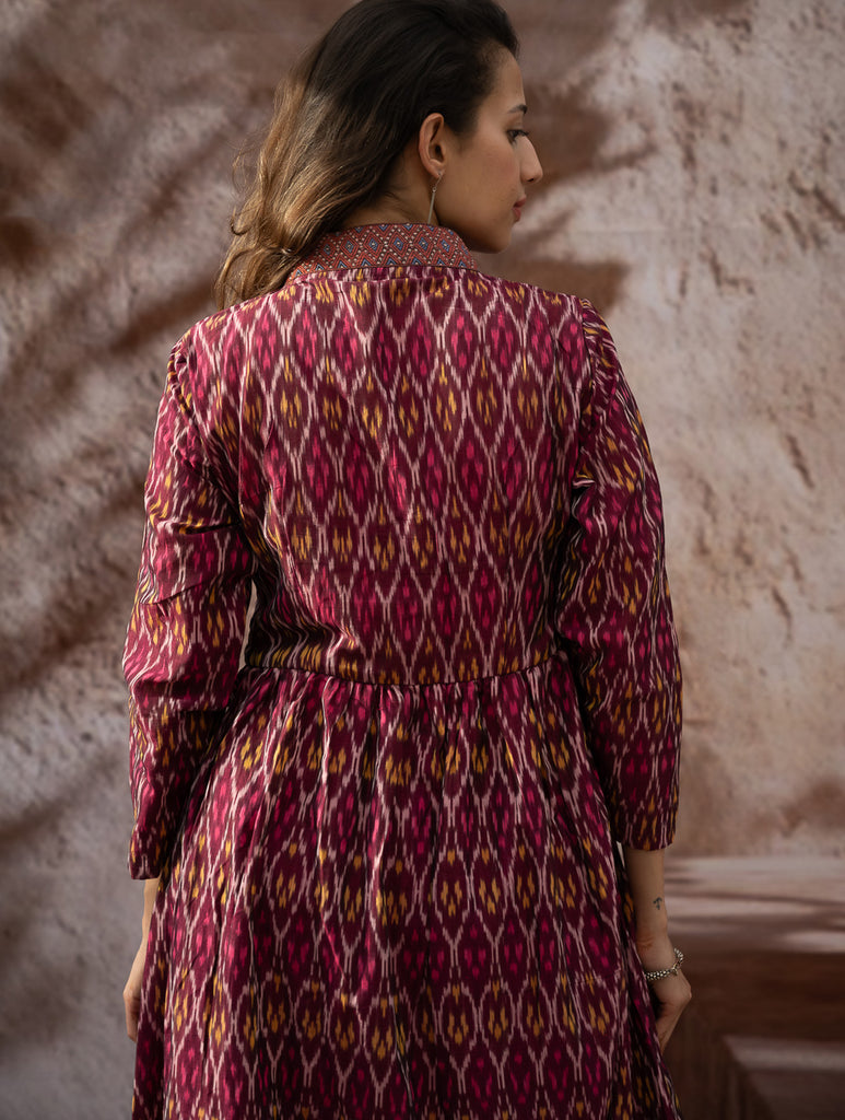 Elegant Classic. Light, Soft Ikat Handwoven Long Kurta Set - Crimson Tints